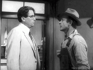 Characters Atticus Finch and Bob Ewell have words in the movie adaptation of “To Kill a Mockingbird.”