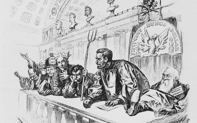 S.C. populist Ben Tillman is holding a pitchfork in this Harper’s Weekly illustration of what a Supreme Court might look like if William Jennings Bryan won the 1896 election. Source: Wikipedia.