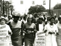 Coretta Scott King (center) with strikers, Charleston, South Carolina, 1969, courtesy of the Avery Research Center. Left to right: Julia Davis, Mary Moultrie, Coretta Scott King, Rosetta Simmons, Juanita Abernathy, and Doris Turner. Photo from 1969 via the Avery Research Center at the  
Lowcountry Digital History Initiative.
