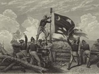 An historical image of  Jasper raising the battle flag of the colonial forces over present-day Fort Moultrie on June 28, 1776 during the Battle of Sullivan's Island.