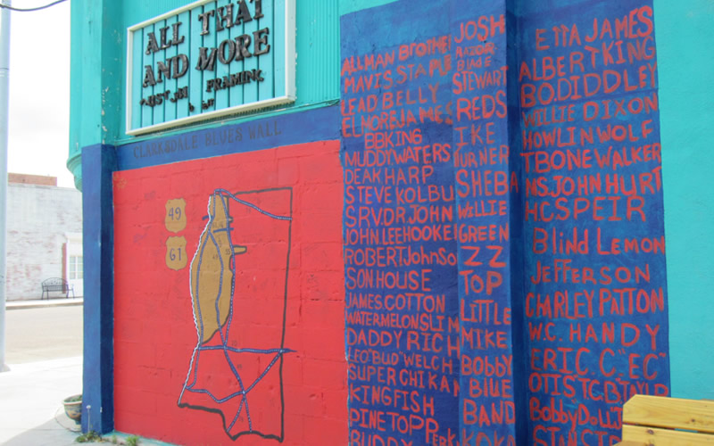 A blues wall in downtown Clarksdale, Miss. Check out the names of blues legends on the wall.