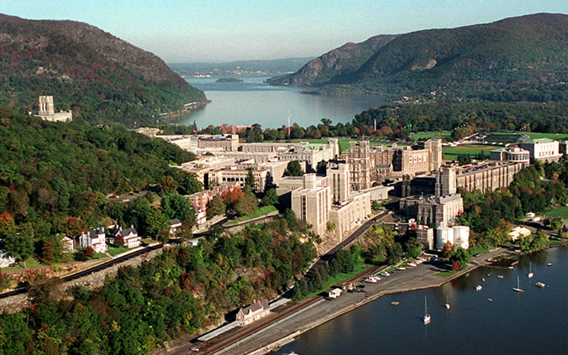 View of U.S. MIlitary Academy in West Point, N.Y., looking north up the Hudson River, 2001.  Source:  Wikimedia Commons. 