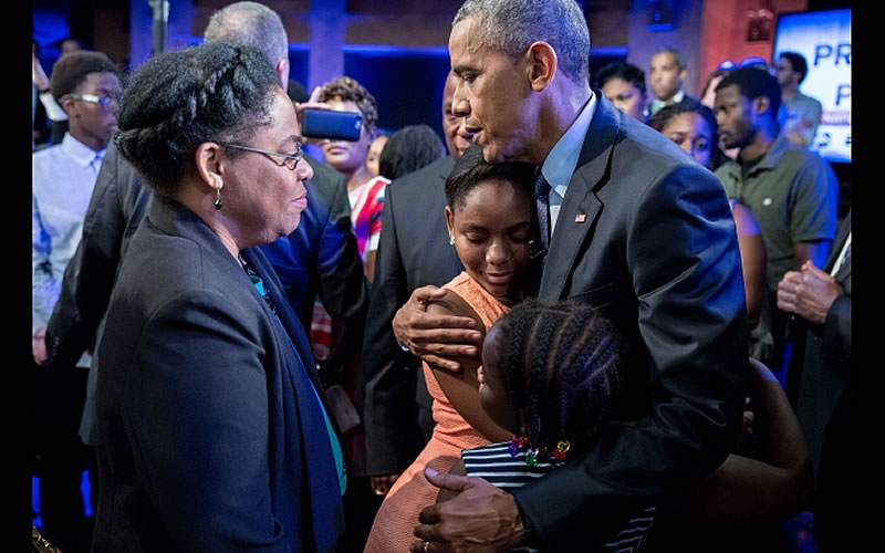 In this White House photo taken in July 2016, President Barack Obama hugged Eliana Pinckney and her younger sister Malana Pinckney, daughters of the late Rev. and Sen. Clementa Pinckney, who was one of nine slain in murders at Emanuel AME Church. The girls’ mother, Jennifer Pinckney, looks on. She testified this week in the trial of the man convicted of the murders.