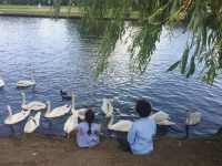 Children along the River Avon, Stratford-upon-Avon, England.