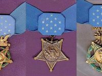 Medals of Honor awarded by the three branches of the U.S. military.  Left to right are the Army, Coast Guard/Navy/Marine Corps, and Air Force. (Source: Wikipedia.)