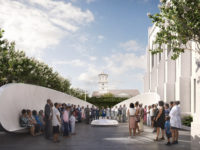 Rendering from Calhoun Street of fellowship benches, fountain and congregation.  Credit:  Image courtesy Dbox for The Mother Emanuel Nine Memorial / Handel Architects