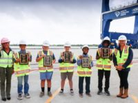 Pictured from left are: SC Ports COO Barbara Melvin, Jaden Warren, Corbin Pritchard, Noah Cowell, Promise Washington, Rashard Davis and Jordi Yarborough, SC Ports' Senior Vice President of Community Engagement, as they celebrate names for new cranes at the Hugh K. Leatherman Terminal in North Charleston. (Ports Authority Photo by English Purcell provided.)